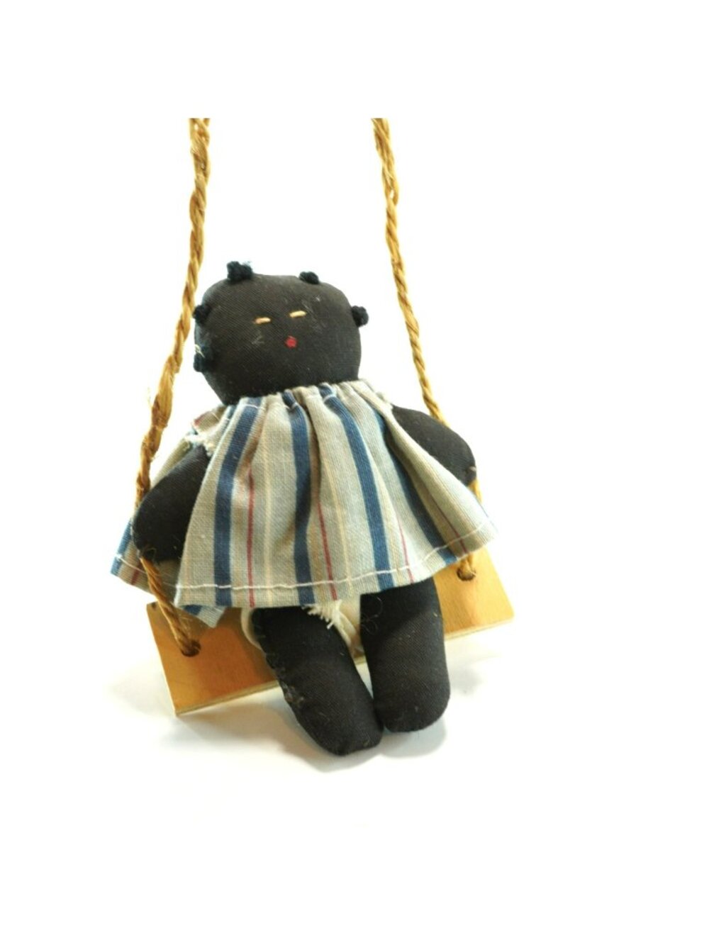 Vintage African American Folk Art Cloth Doll Swing Ornament 4in
